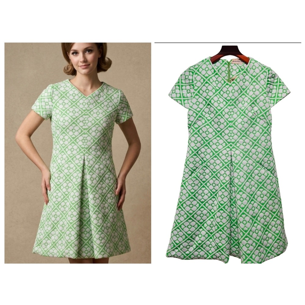 VINTAGE 1960s MOD Mini Dress‎ Frances Brewster Shift Dress Medium Green White
